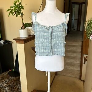 American Eagle Outfitters Light Blue Plaid Ruffled Smocked Crop tank top